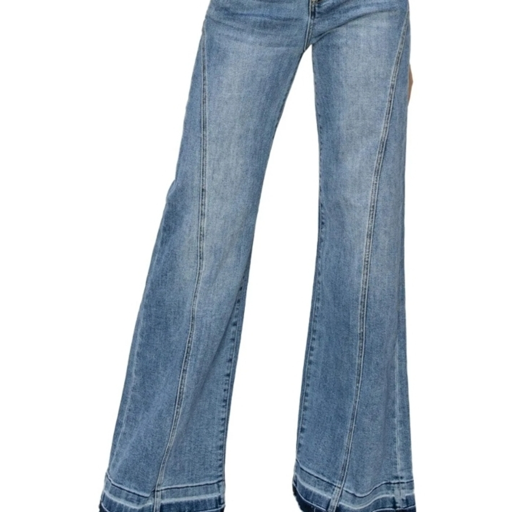 RISEN HIGH RISE BUTTON DOWN FLARE JEANS